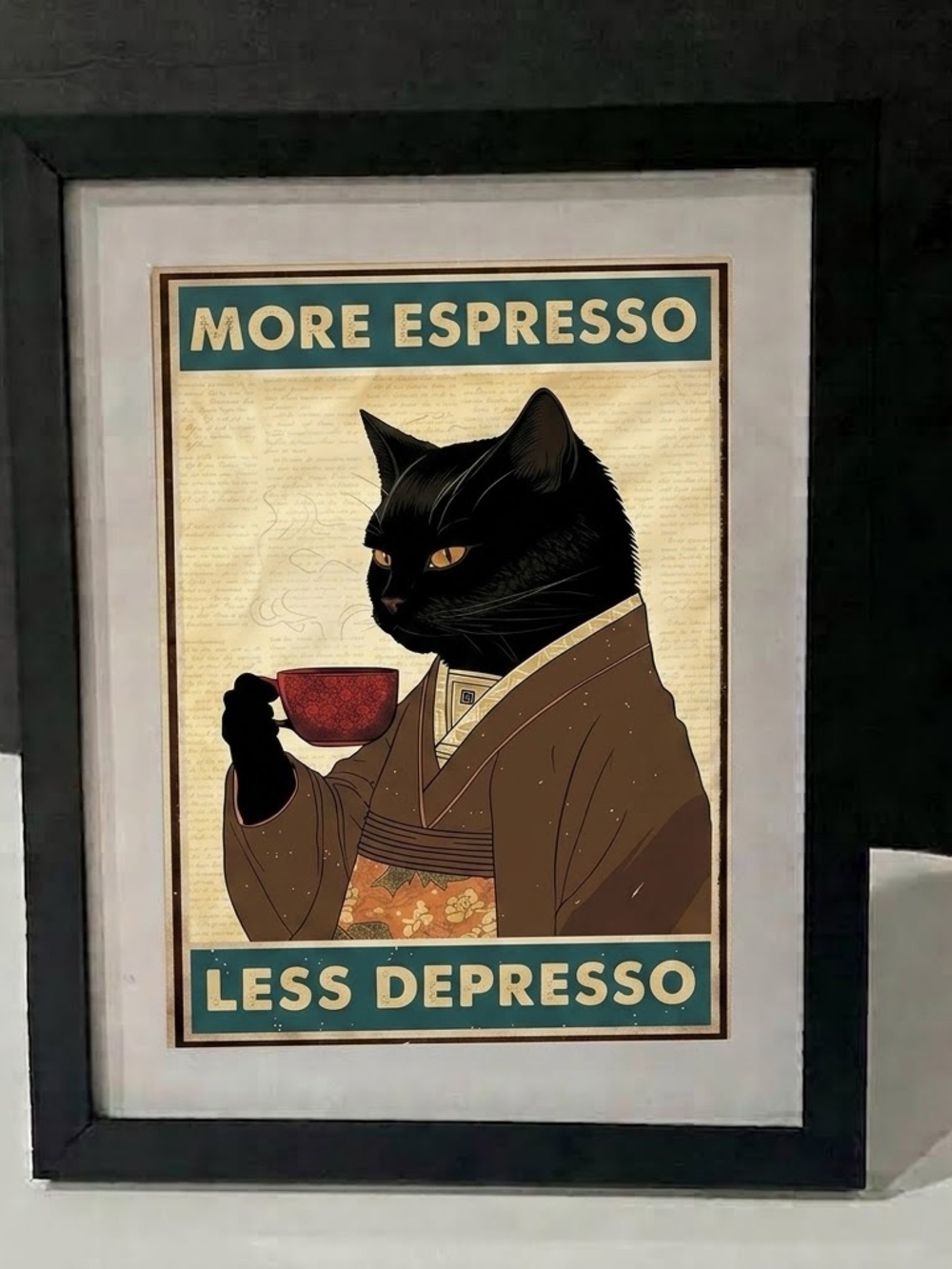 “More Espresso, Less Depresso" Framed Black Cat Art Print